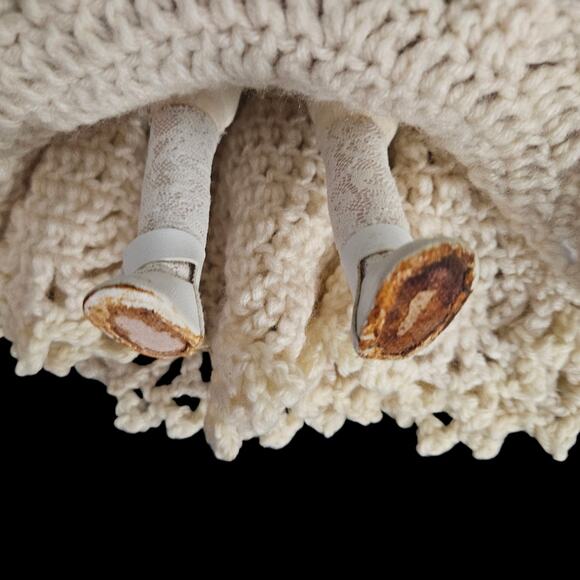 Wang’s International 1991 Porcelain Doll in Handmade Red & Cream Crochet Dress - Picture 5 of 8